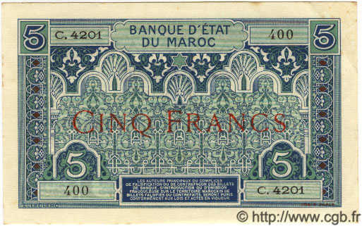 5 Francs MOROCCO  1942 P.09 XF+
