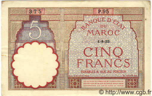 5 Francs MAROCCO  1922 P.10a q.SPL