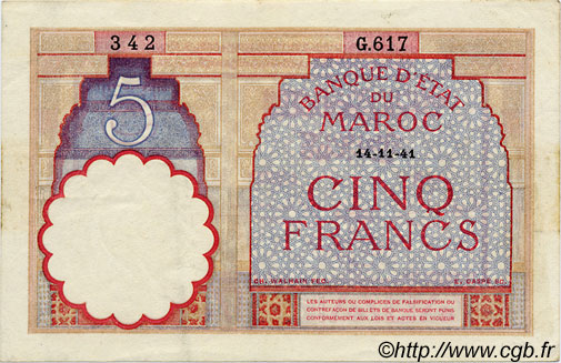 5 Francs MAROCCO  1941 P.23Ab q.SPL