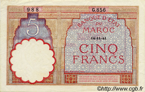 5 Francs MAROCCO  1941 P.23Ab AU