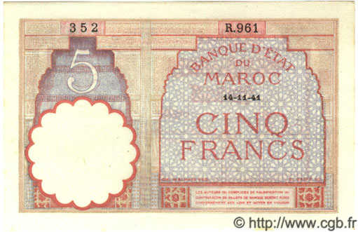 5 Francs MAROKKO  1941 P.10b fST+