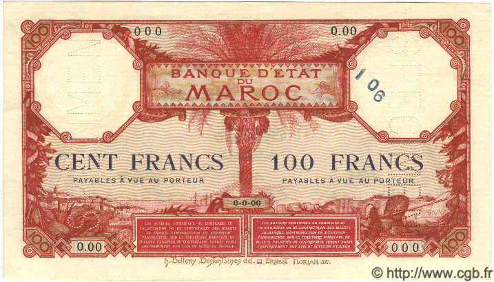 100 Francs Spécimen MAROKKO  1921 P.14s fST+