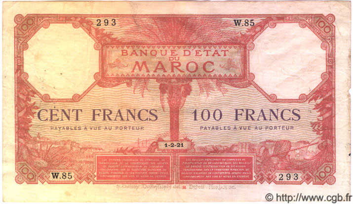 100 Francs MOROCCO  1921 P.14 F - VF