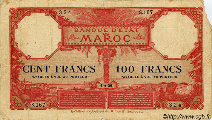 100 Francs MOROCCO  1926 P.14 VG