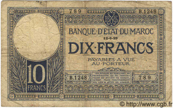 10 Francs MOROCCO  1929 P.17a G