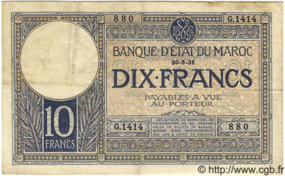 10 Francs MAROKKO  1931 P.17a fSS to SS