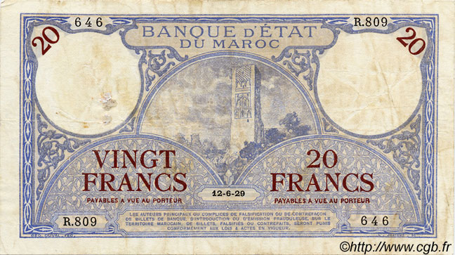 20 Francs MAROKKO  1929 P.18a S
