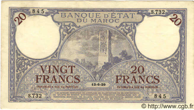 20 Francs MOROCCO  1929 P.18a XF+