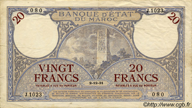 20 Francs MARUECOS  1931 P.18a MBC