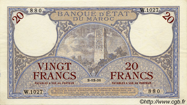 20 Francs MOROCCO  1931 P.18a XF