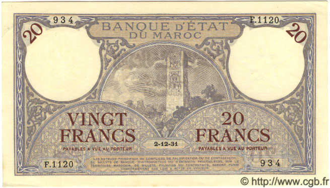 20 Francs MAROKKO  1931 P.18a fST+