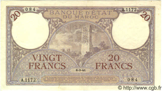 20 Francs MAROCCO  1941 P.18b SPL
