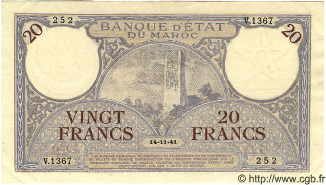 20 Francs MAROCCO  1941 P.18b SPL+