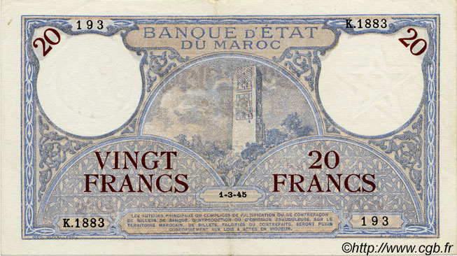 20 Francs MAROKKO  1945 P.18b fVZ