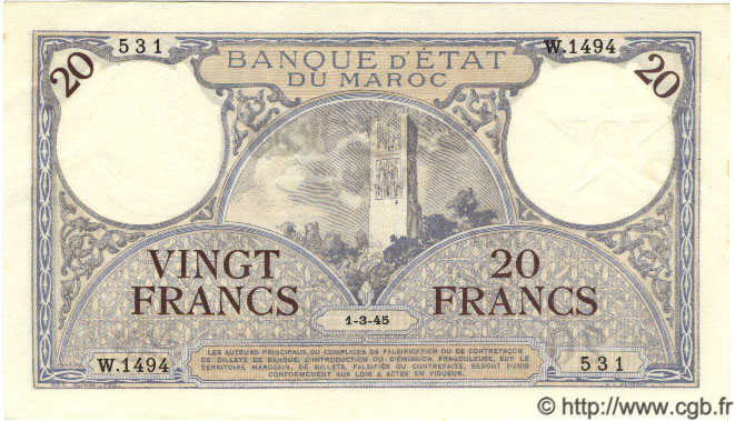 20 Francs MAROCCO  1945 P.18b AU