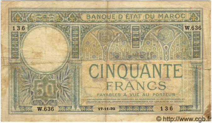 50 Francs MARUECOS  1932 P.19 BC