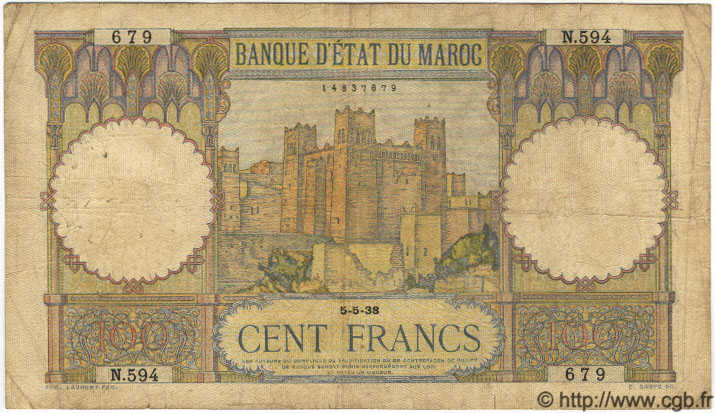 100 Francs MAROKKO  1938 P.20 fS