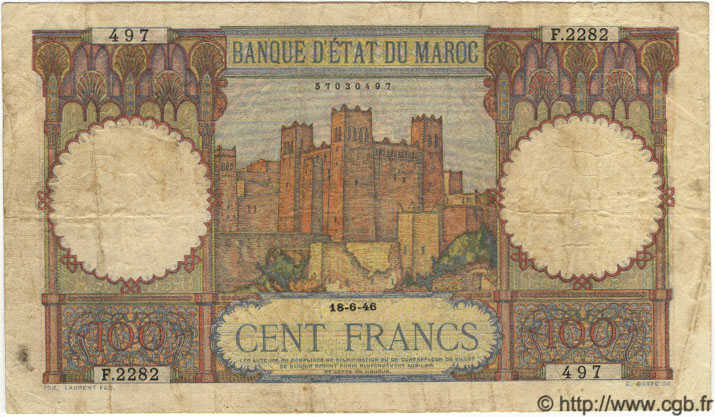 100 Francs MAROKKO  1946 P.20 fS