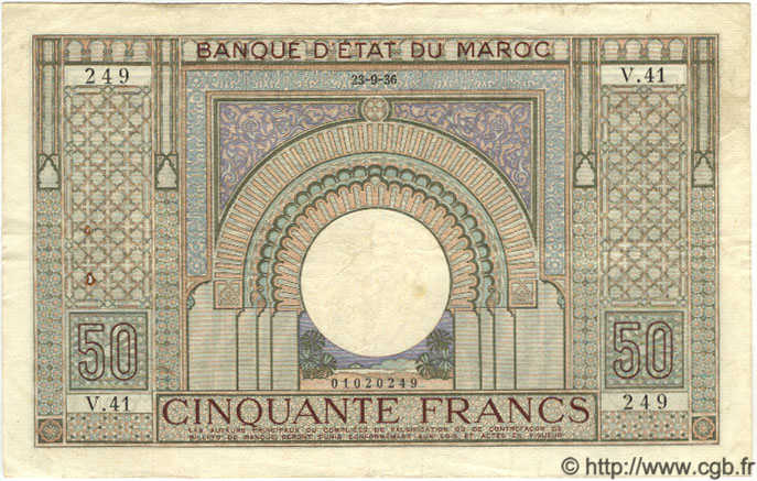 50 Francs MAROC  1936 P.21 TTB