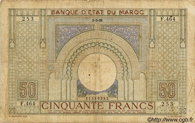 50 Francs MOROCCO  1938 P.21 VG