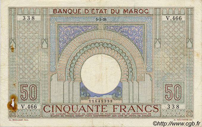 50 Francs MARUECOS  1938 P.21 BC