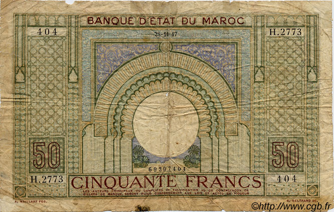 50 Francs MAROKKO  1947 P.21 SGE