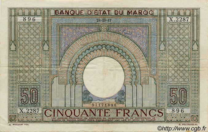 50 Francs MOROCCO  1947 P.21 VF