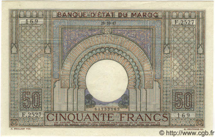 50 Francs MAROKKO  1947 P.21 fST+