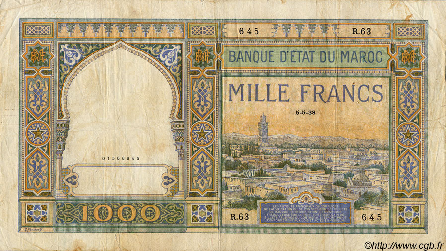 1000 Francs MAROKKO  1938 P.16c S
