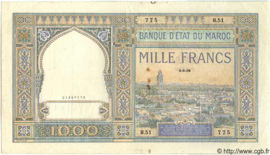 1000 Francs MOROCCO  1938 P.16c VF-