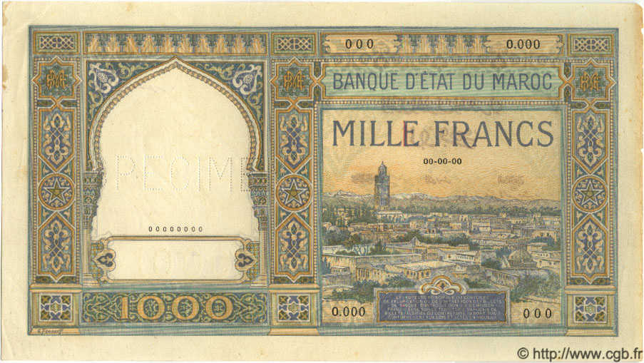1000 Francs Spécimen MOROCCO  1945 P.16s XF
