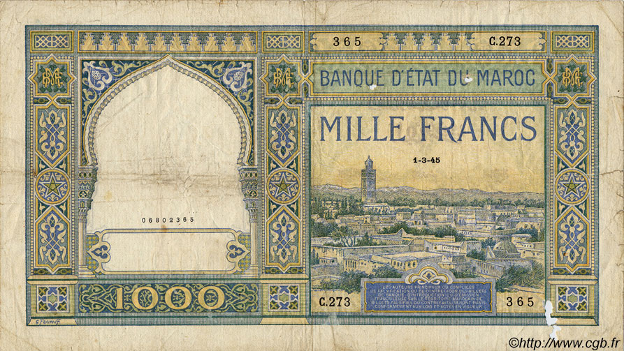 1000 Francs MOROCCO  1945 P.16c G