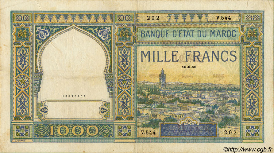 1000 Francs MAROCCO  1946 P.16c MB