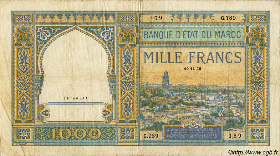 1000 Francs MOROCCO  1948 P.16c VG