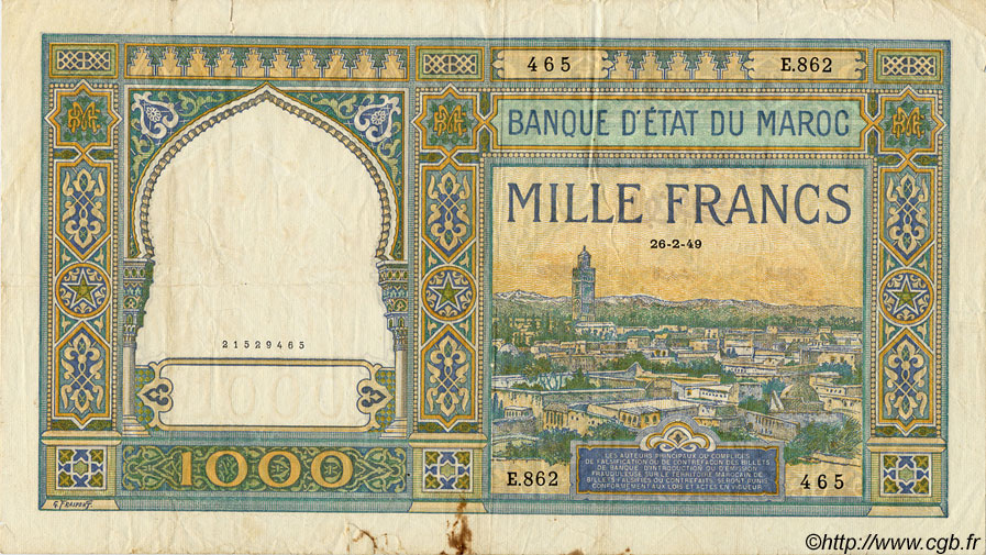 1000 Francs MAROC  1949 P.16c pr.TB