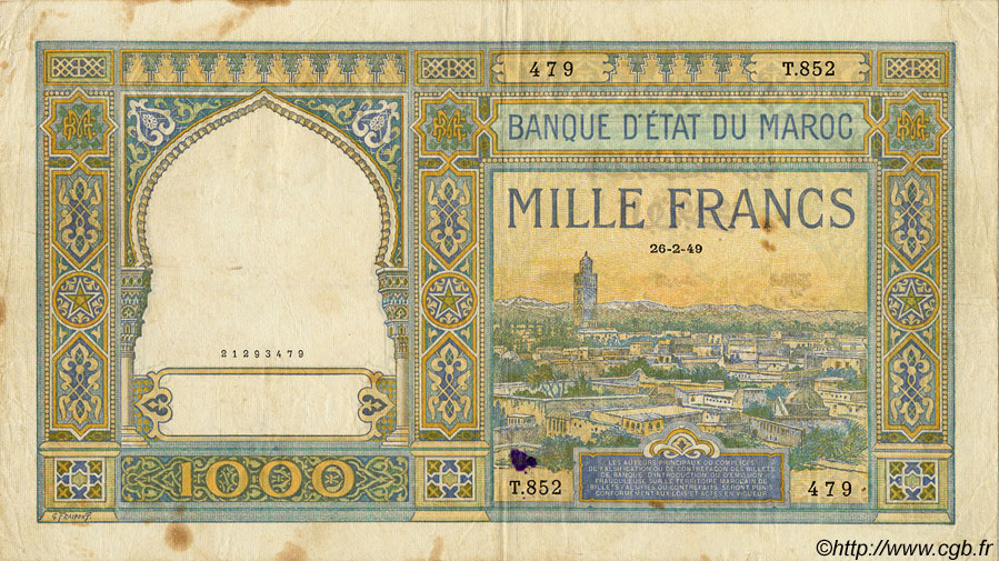 1000 Francs MARUECOS  1949 P.16c BC a MBC