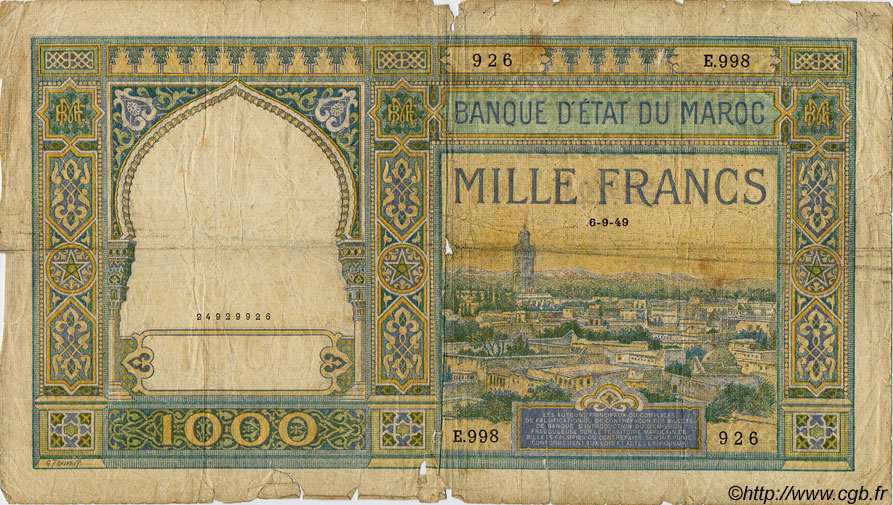 1000 Francs MAROCCO  1949 P.16c q.B