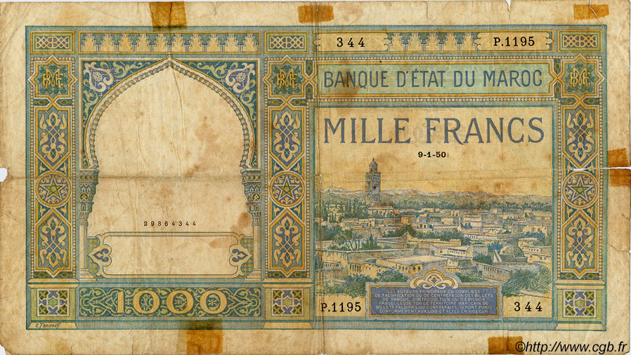 1000 Francs MARUECOS  1950 P.16c MC
