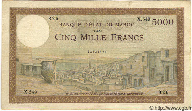 5000 Francs MOROCCO  1951 P.23c VF