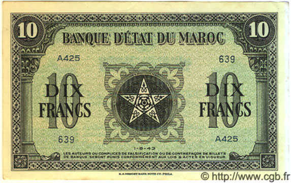 10 Francs MAROKKO  1943 P.25 fVZ to VZ
