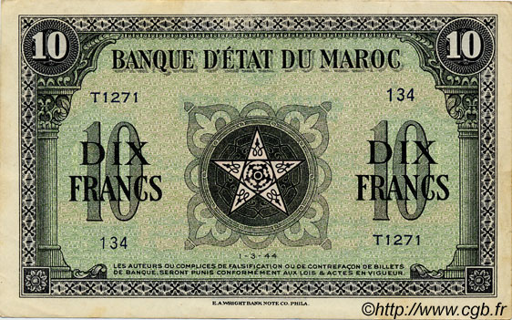 10 Francs MOROCCO  1944 P.25 XF