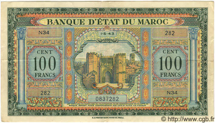 100 Francs MOROCCO  1943 P.27 VF