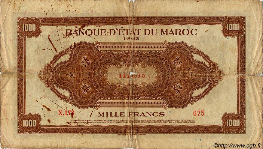 1000 Francs MAROKKO  1943 P.28 SGE