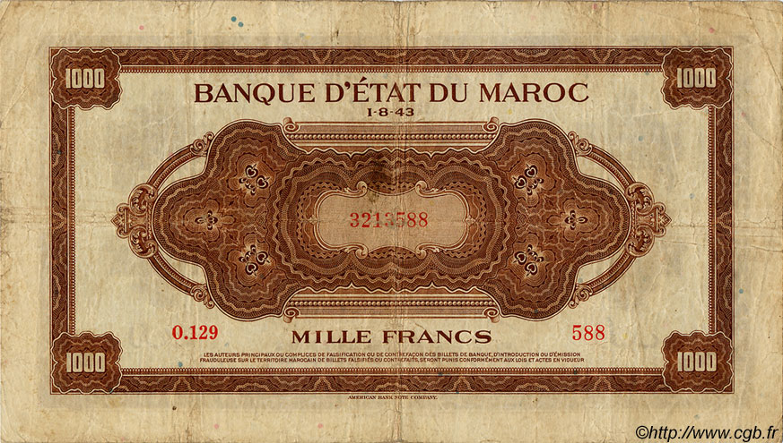 1000 Francs MAROCCO  1943 P.28 MB