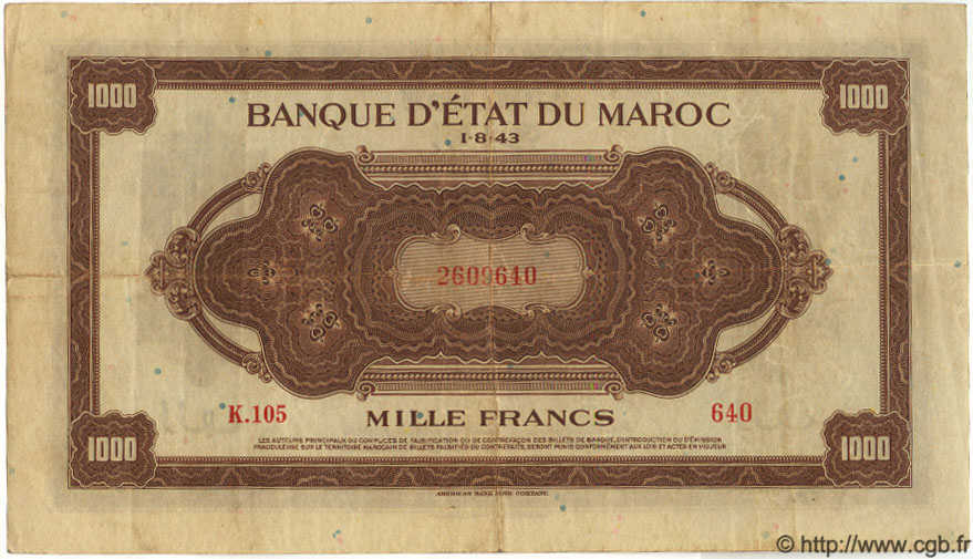 1000 Francs MOROCCO  1943 P.28 VF-