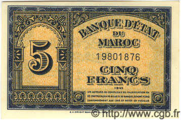 5 Francs MAROKKO  1943 P.24 fST+