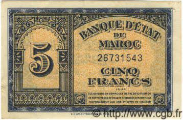 5 Francs MAROKKO  1944 P.24 VZ