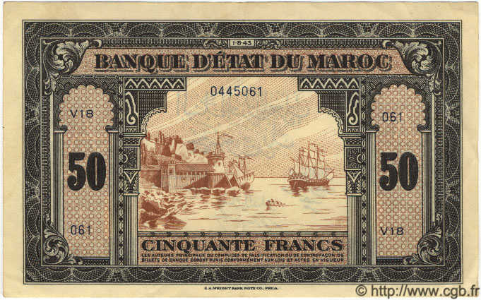 50 Francs MAROCCO  1943 P.26a q.SPL