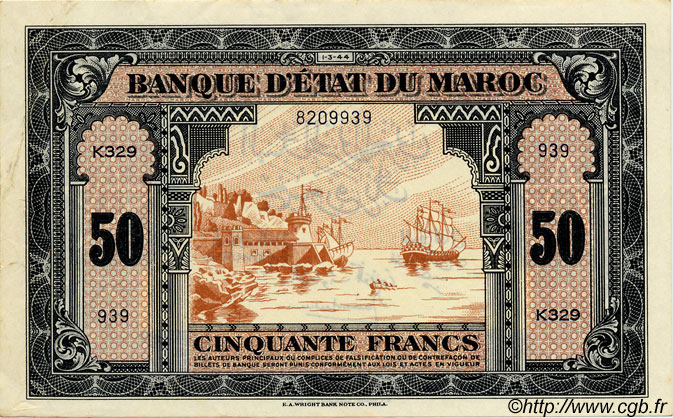 50 Francs MOROCCO  1944 P.26b AU-