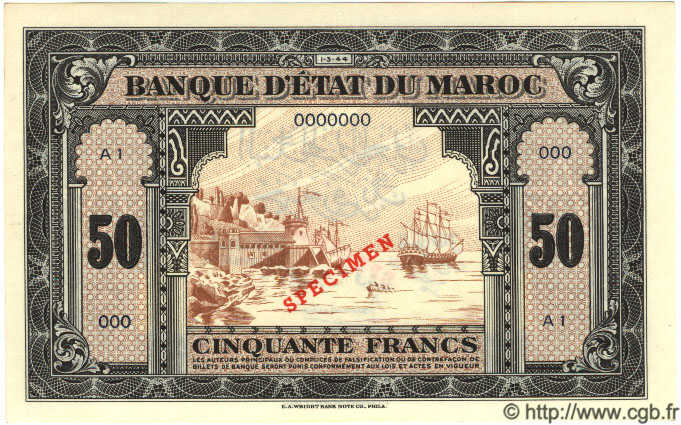 50 Francs Spécimen MAROCCO  1944 P.26bs FDC